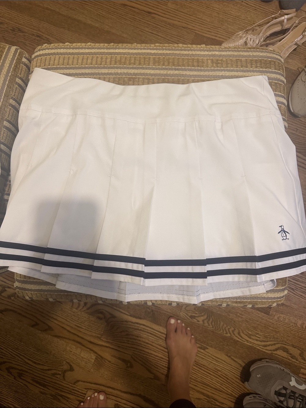 Women’s White Pleated Skater Skirt with Navy Trim
